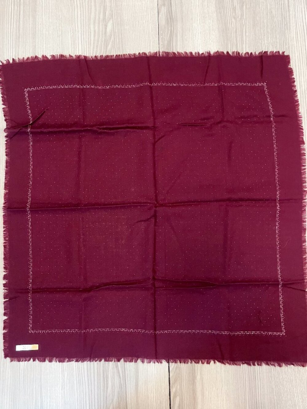 Vintage Made in Italy 100% Wool Burgundy Square Scarf Fringe Polka Dot